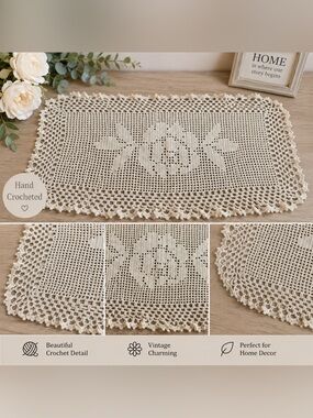 Vintage Cream Crochet Lace Table Runner – Floral Design